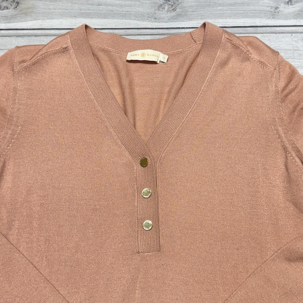 Tory Burch Tunic Sweater Womens Large Blush Merino Wool Pockets V-Neck Henley - Picture 2 of 6